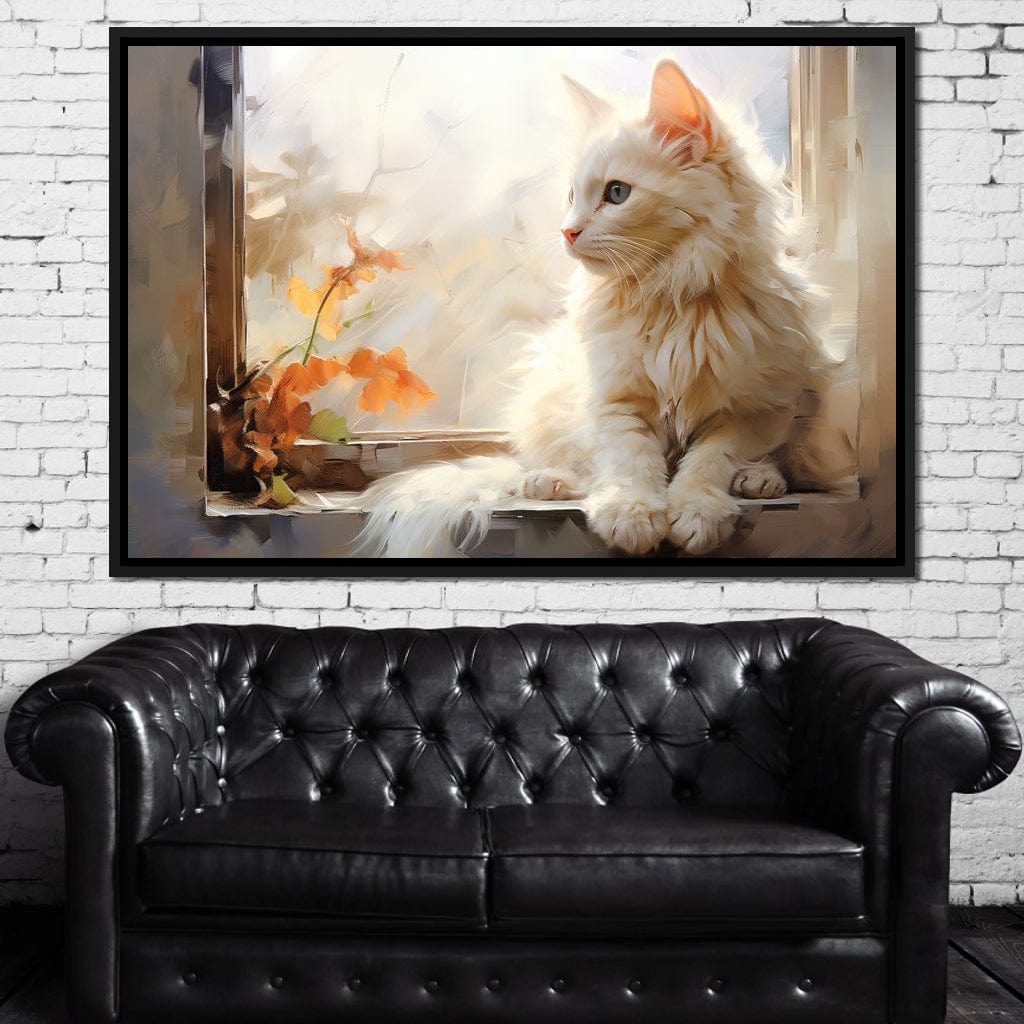 White Cat Sitting on Windowsill Canvas Wall Art