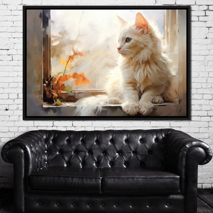 White Cat Sitting on Windowsill Canvas Wall Art