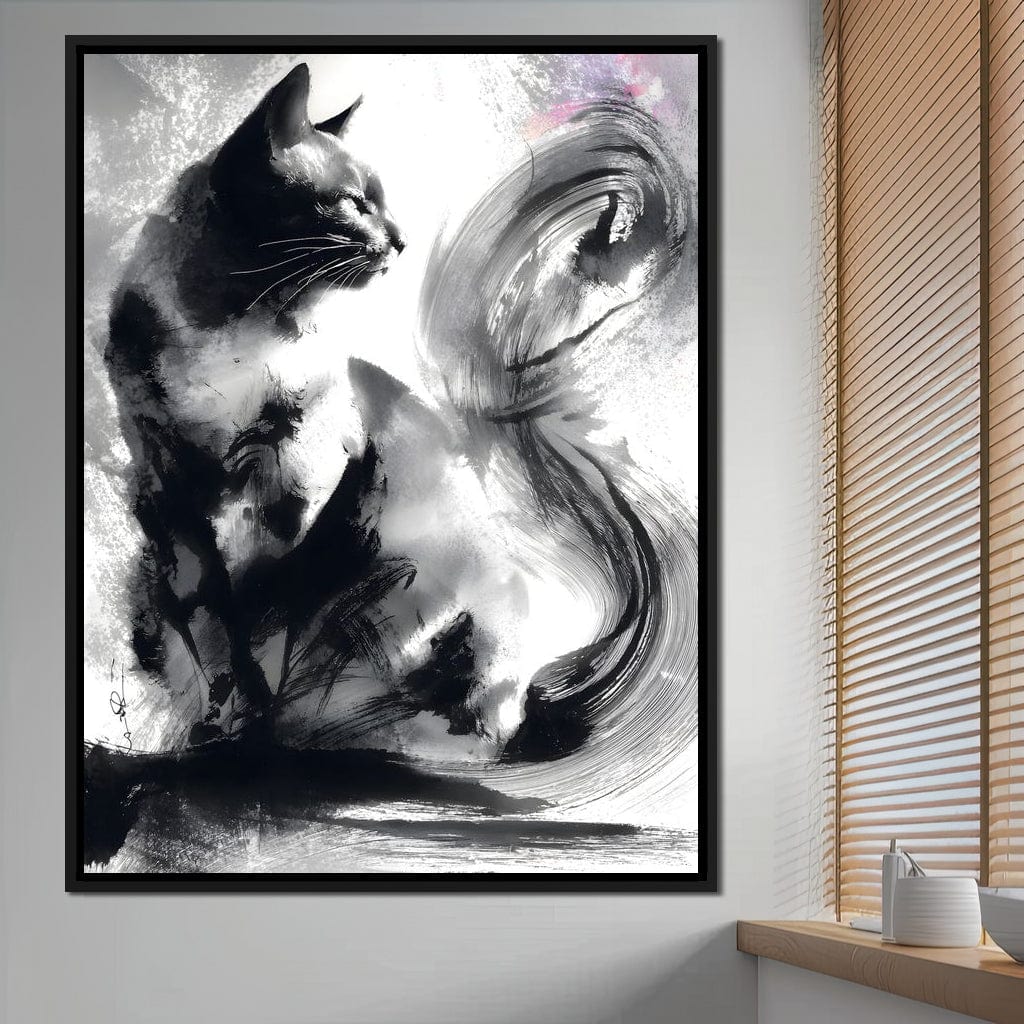 Sumi Ink Cat Reflecting Shadow Canvas Wall Art