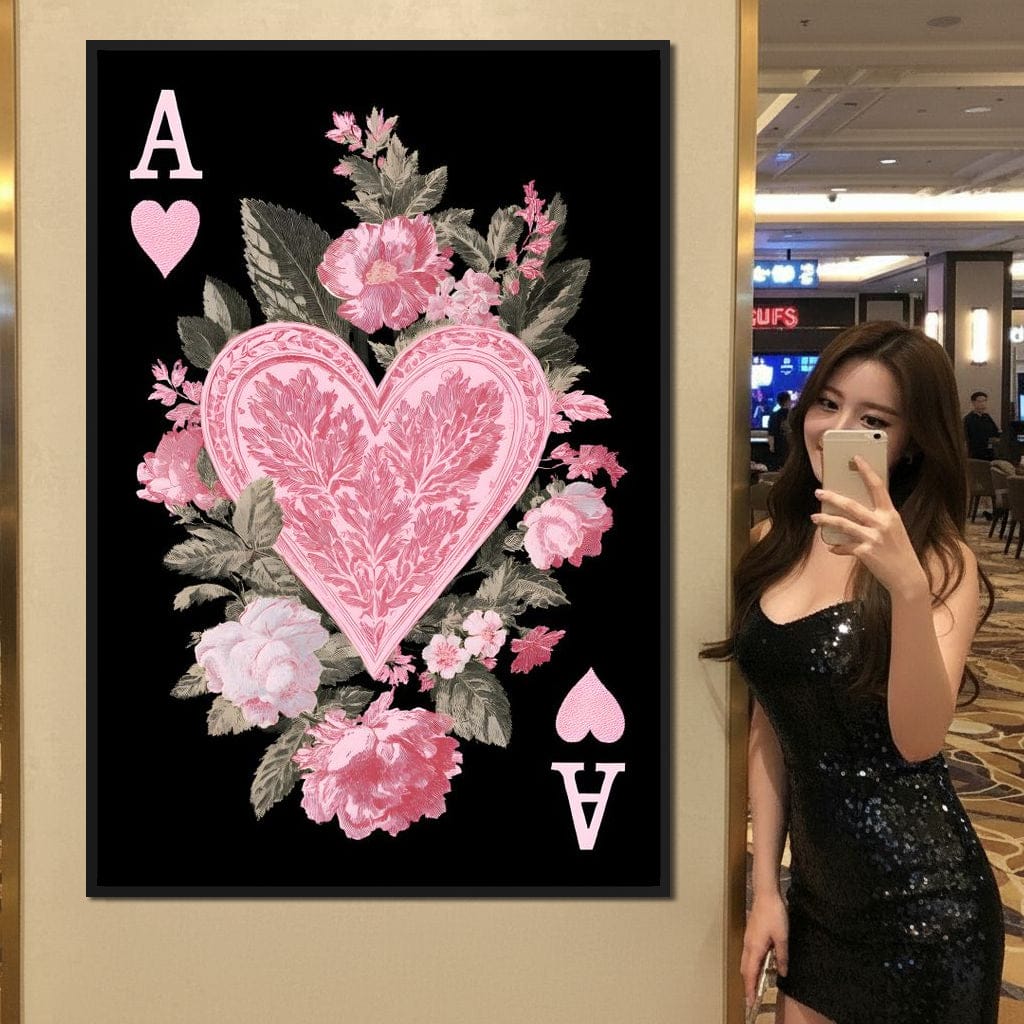 Floral Ace of Hearts Pink Rose Canvas Wall Art