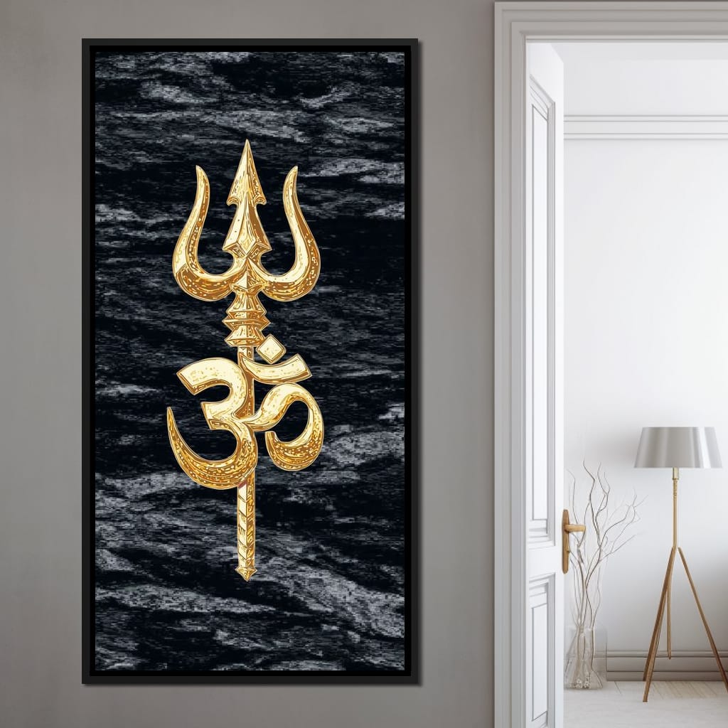 Golden Om Trishul Emblem Canvas Wall Art