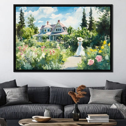 Sunlit Garden By Victorian House Canvas Wall Art