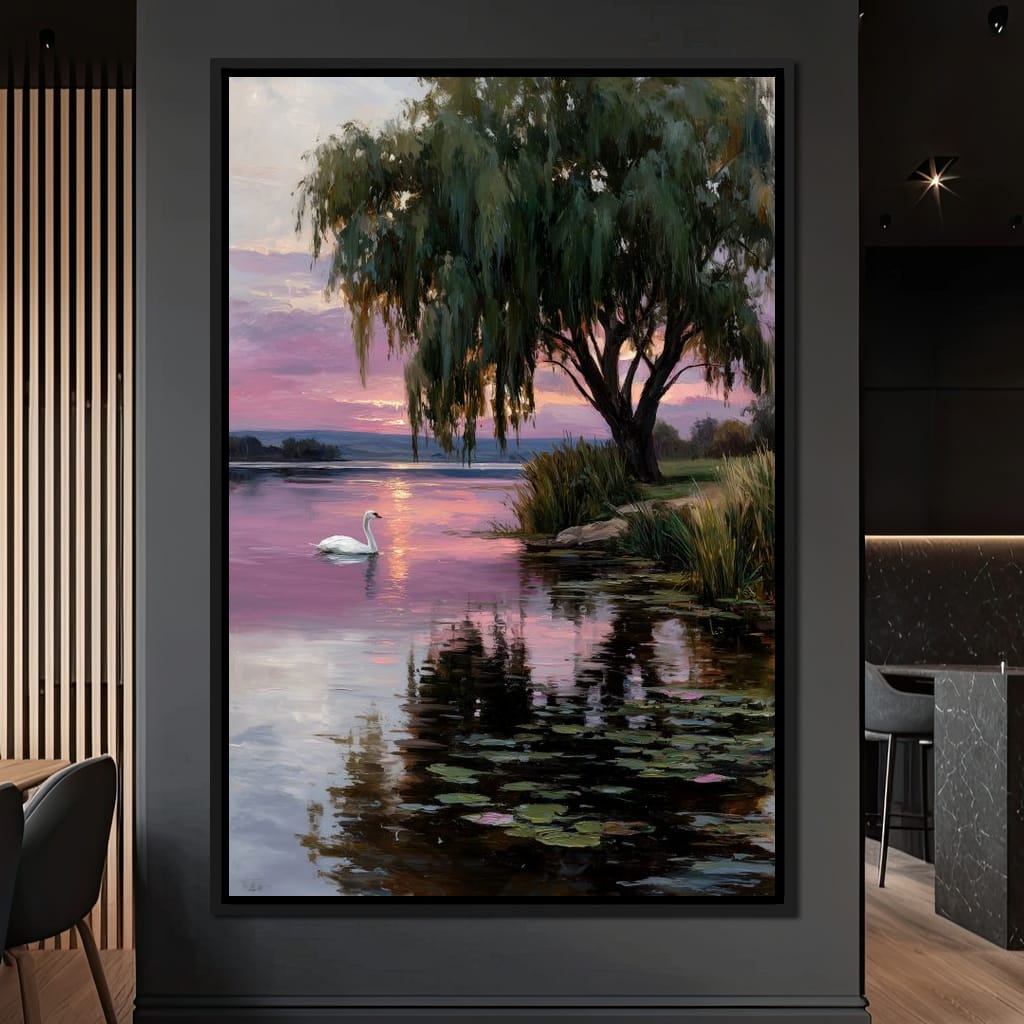 Swan Lake Sunset Willow Tree Canvas Wall Art