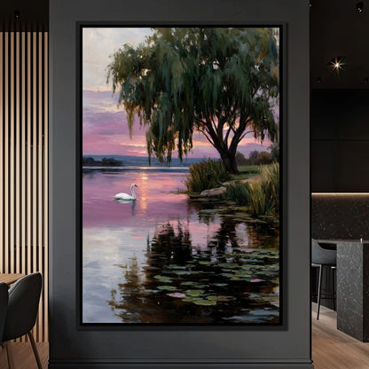 Swan Lake Sunset Willow Tree Canvas Wall Art