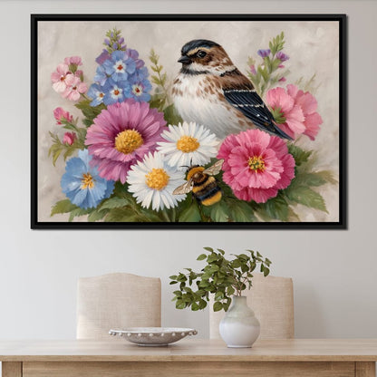 Garden Sparrow and Bumblebee Canvas Wall Art