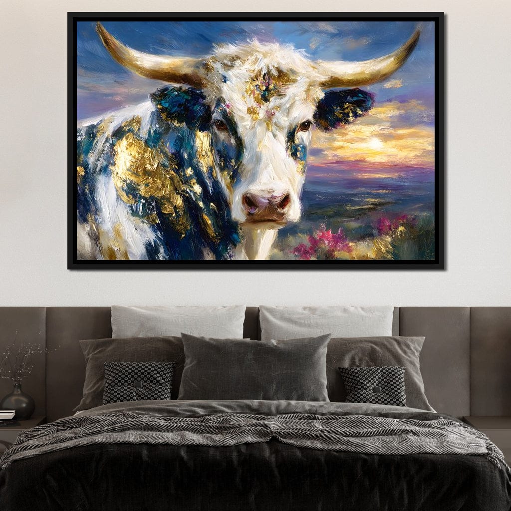 Golden Highland Cow Sunset Canvas Wall Art