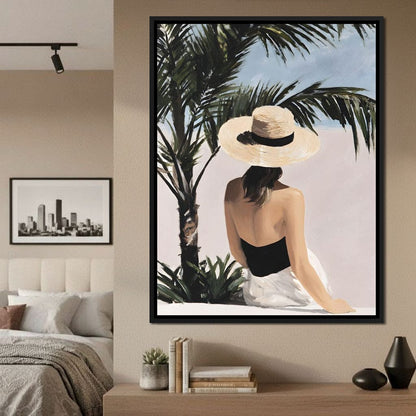 Coastal Palm Retreat Woman Hat Canvas Wall Art