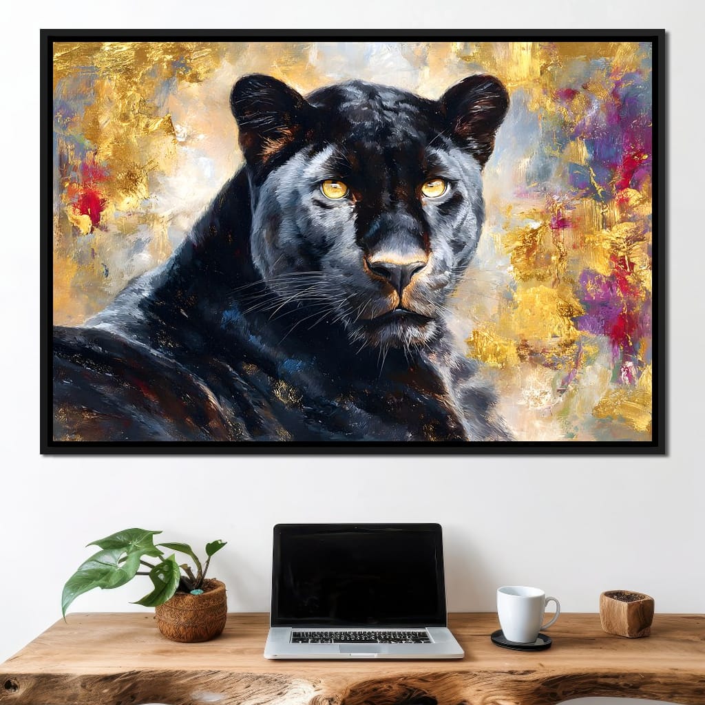 Golden Aura Black Panther Portrait Canvas Wall Art