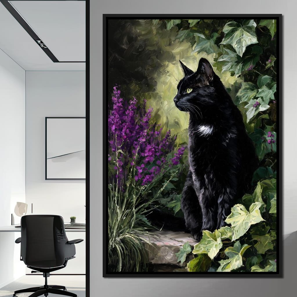 Black Cat Garden Sentinel Canvas Wall Art