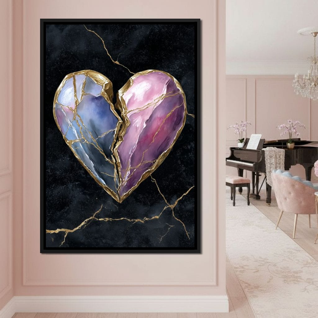 Kintsugi Split Heart Gold Canvas Wall Art
