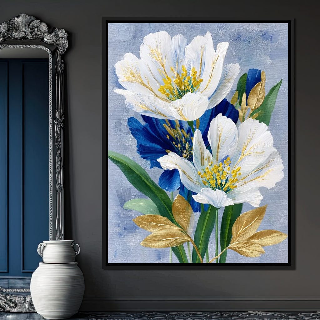 White Peony Blue Petals Gold Canvas Wall Art