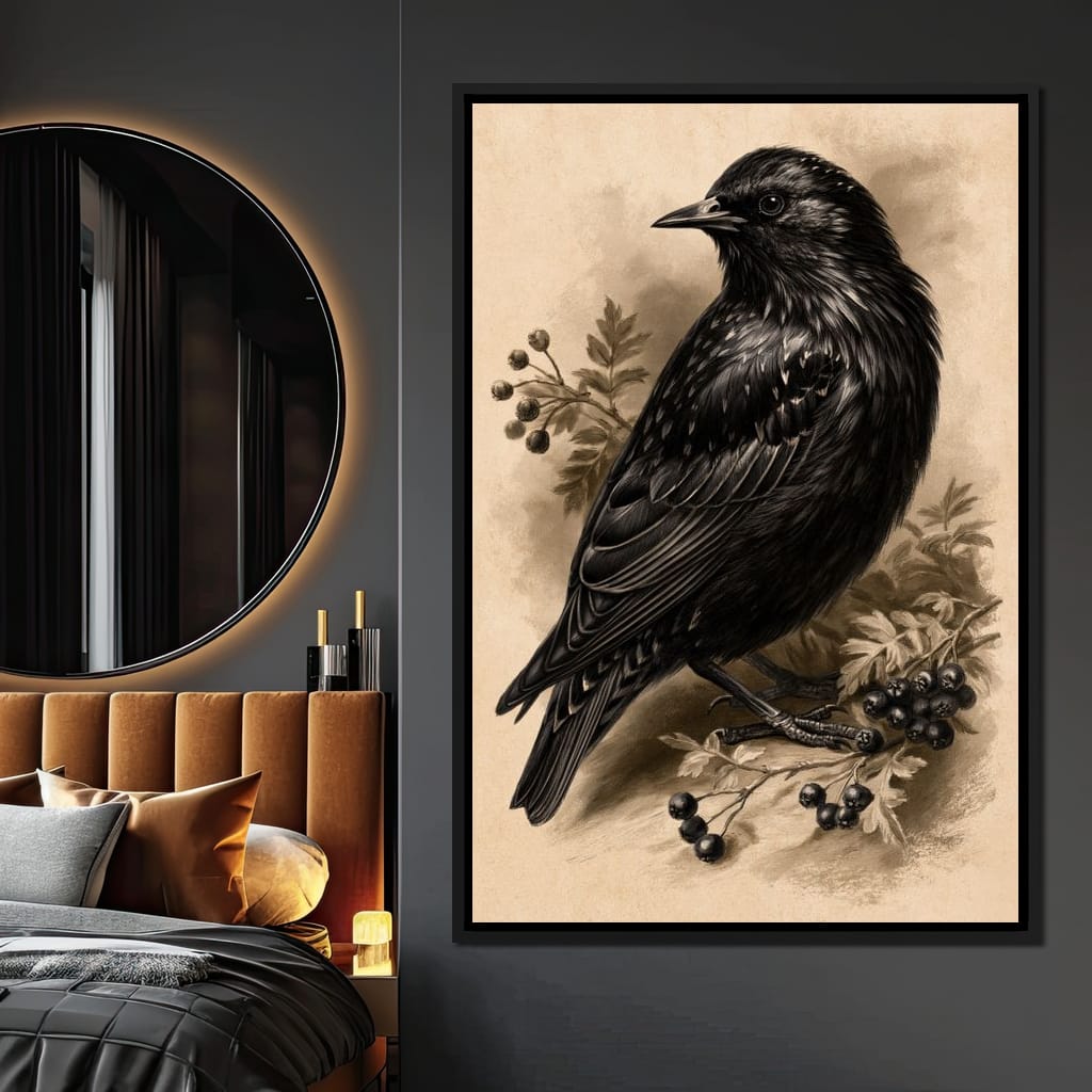 Solitary Starling Perched Upon Hawthorn Branch Canvas Wall Art