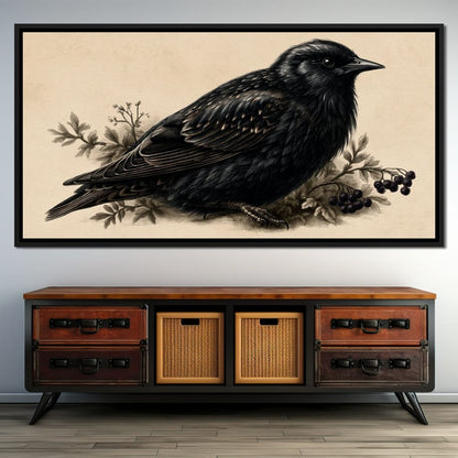 Solitary Starling Perched Upon Wild Berries Canvas Wall Art