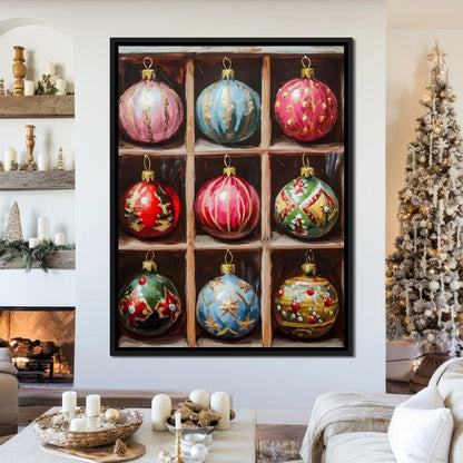 Vintage Christmas Ornaments Grid Canvas Wall Art