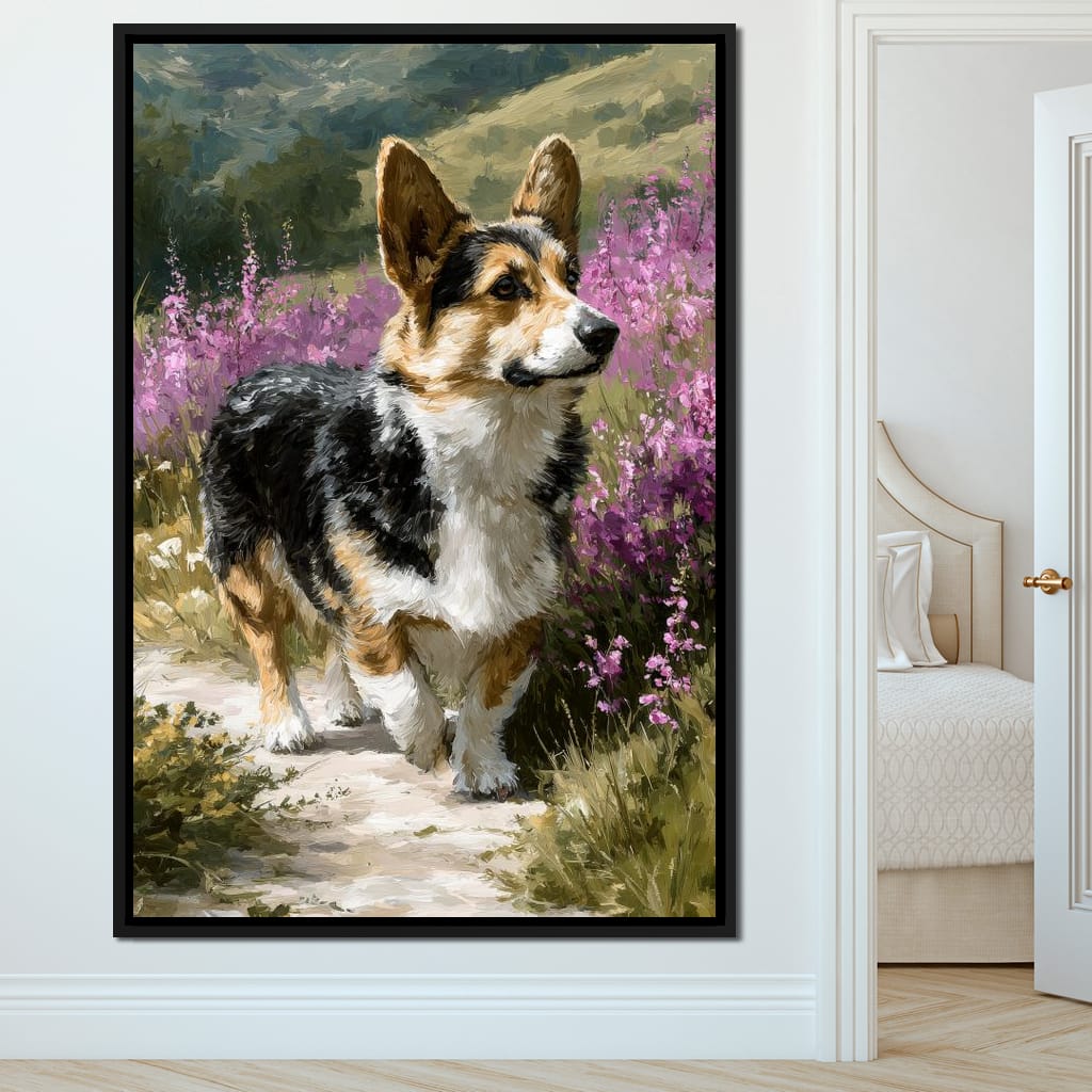 Corgi Along Heather Pathway Canvas Wall Art