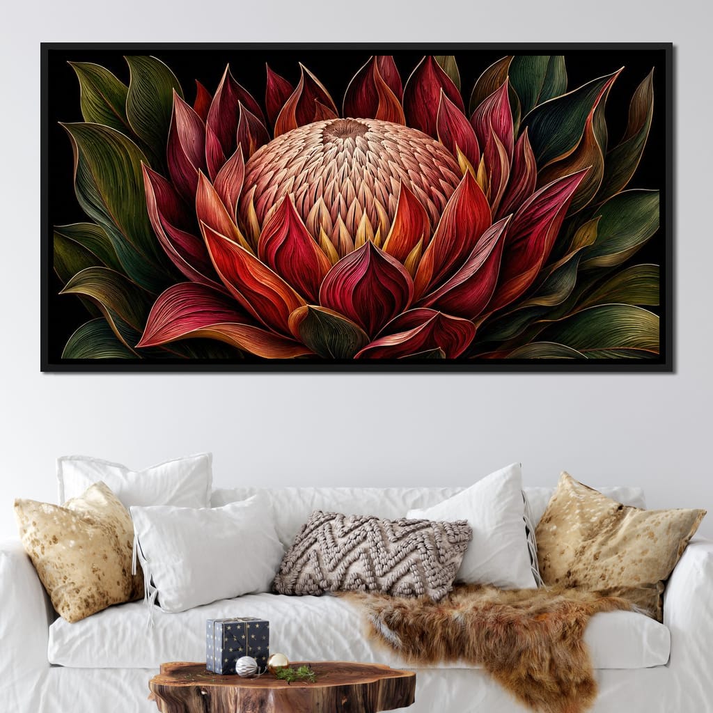 Crimson Protea Flame Crown Canvas Wall Art