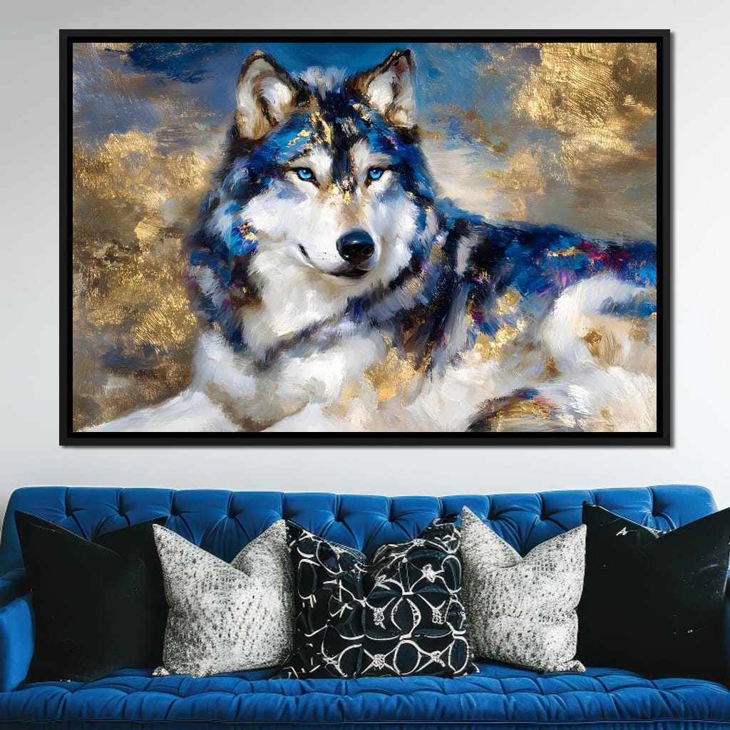 Sapphire Wolf Gold Radiance Canvas Wall Art