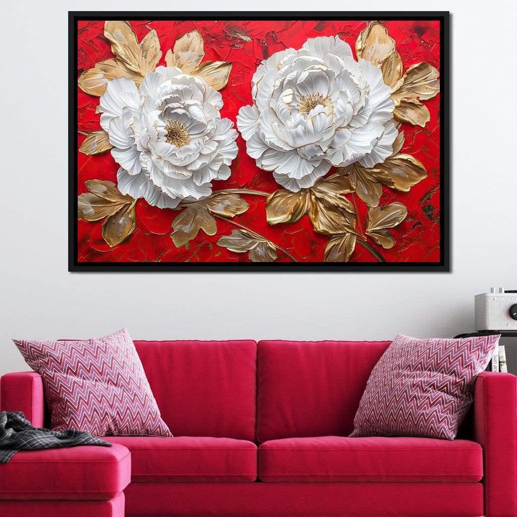 Golden Petals on Ruby Waves Canvas Wall Art