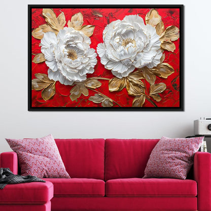 Golden Petals on Ruby Waves Canvas Wall Art