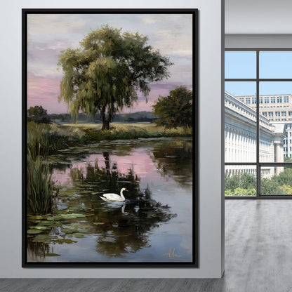 Swan Pond Willow Sunset Sky Canvas Wall Art
