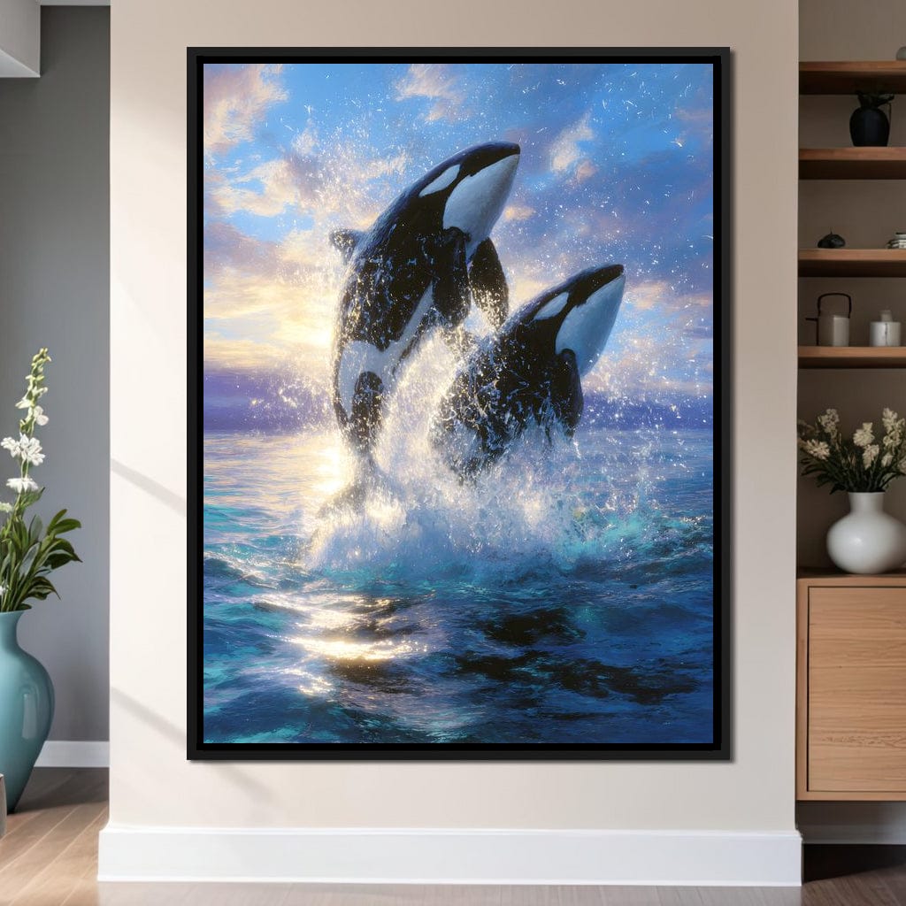 Breaching Orcas Dawn Ocean Dance Canvas Wall Art