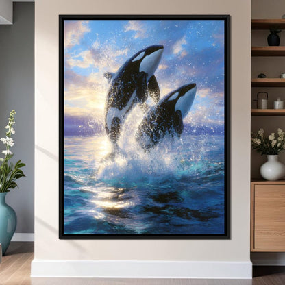Breaching Orcas Dawn Ocean Dance Canvas Wall Art