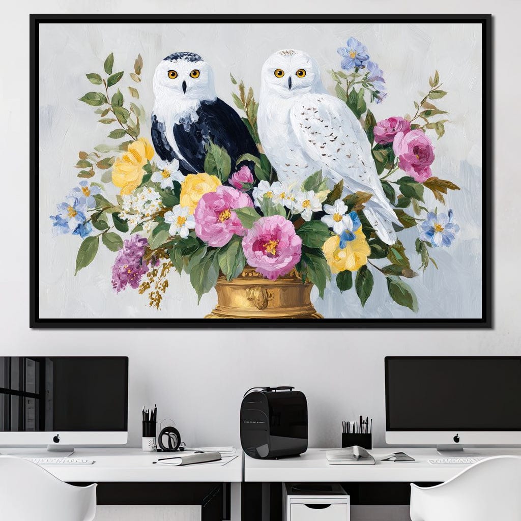 Snowy Owls Floral Canvas Wall Art