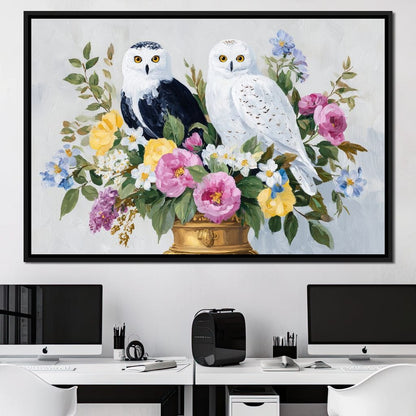 Snowy Owls Floral Canvas Wall Art