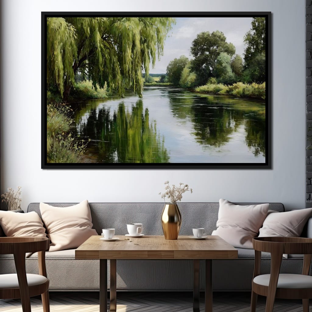 Willow Reflections Along Riverbank Canvas Wall Art