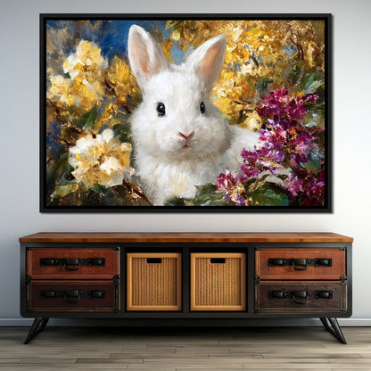 White Bunny Garden Bouquet Canvas Wall Art