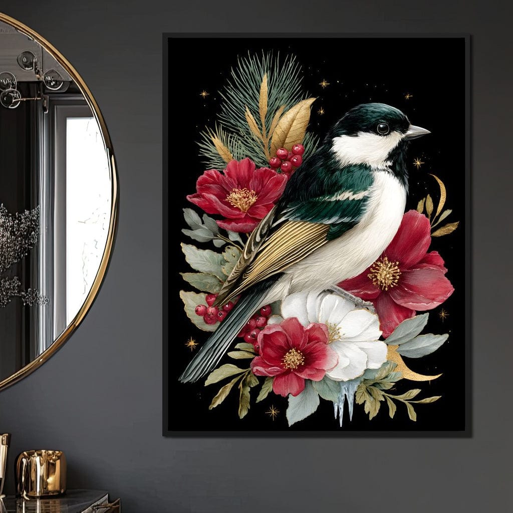 Moonlit Floral Gold Chickadee Canvas Wall Art