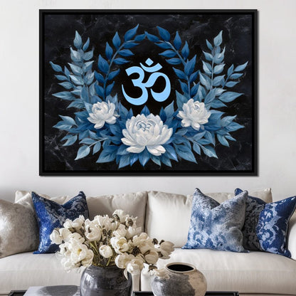 Om Symbol Blue Lotus Wreath Canvas Wall Art