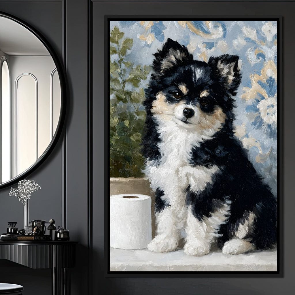 Playful Puppy Bathroom Guard Canvas Wall Art