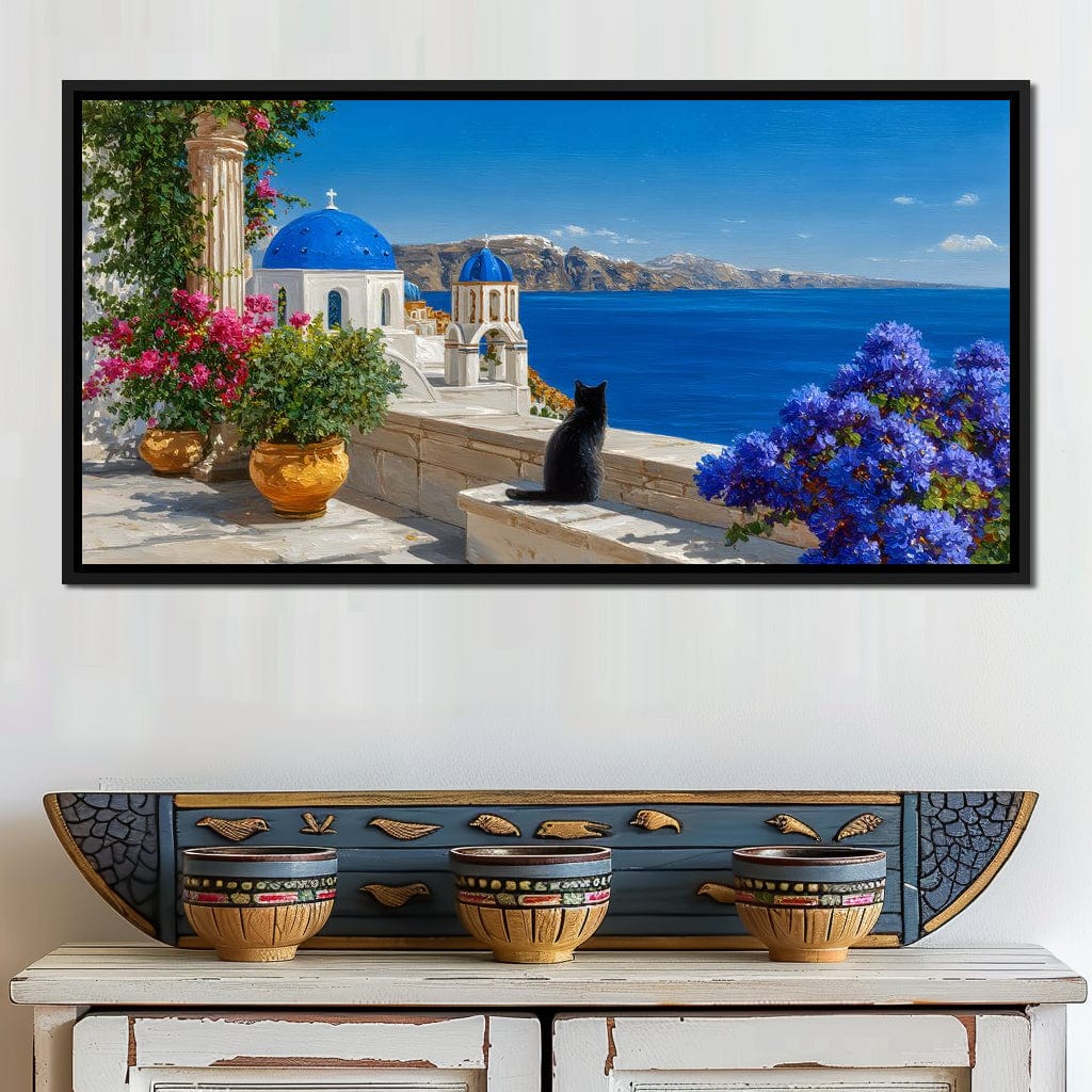 Santorini Blue Domes Cat Escape Canvas Wall Art