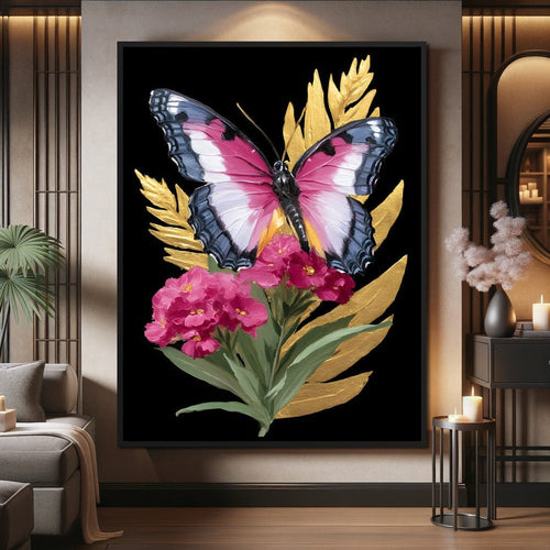 Radiant Butterfly and Gold Florals Canvas Wall Art