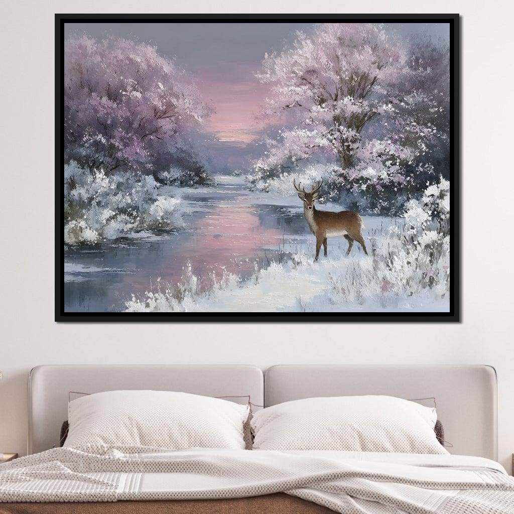 Winter River Deer Sunset Glow Canvas Wall Art