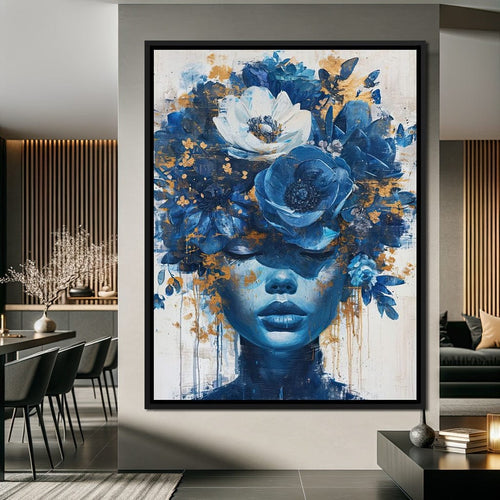 Sapphire Bloom Silhouette Canvas Wall Art