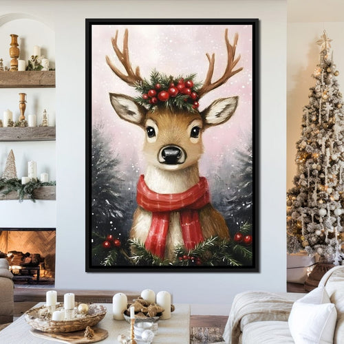 Holiday Reindeer Berries Cheer Canvas Wall Art