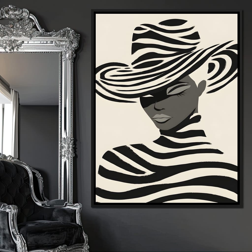Monochrome Zebra Hat Lady Canvas Wall Art