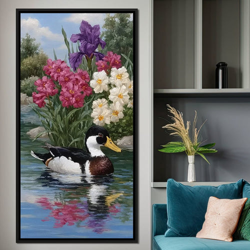 Duck Tranquility Floral Reflection Canvas Wall Art
