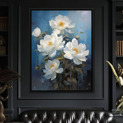 White Peonies on Light Blue Background Canvas Wall Art