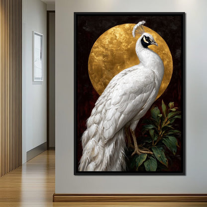 Golden Halo White Peacock Pose Canvas Wall Art