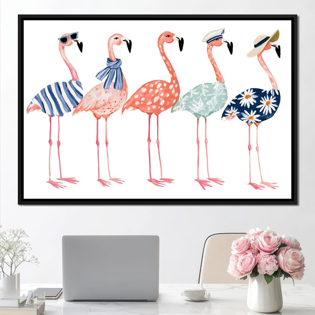 Five Stylish Flamingos on Summer Vacation Canvas Wall Art