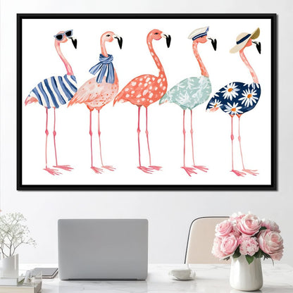 Five Stylish Flamingos on Summer Vacation Canvas Wall Art