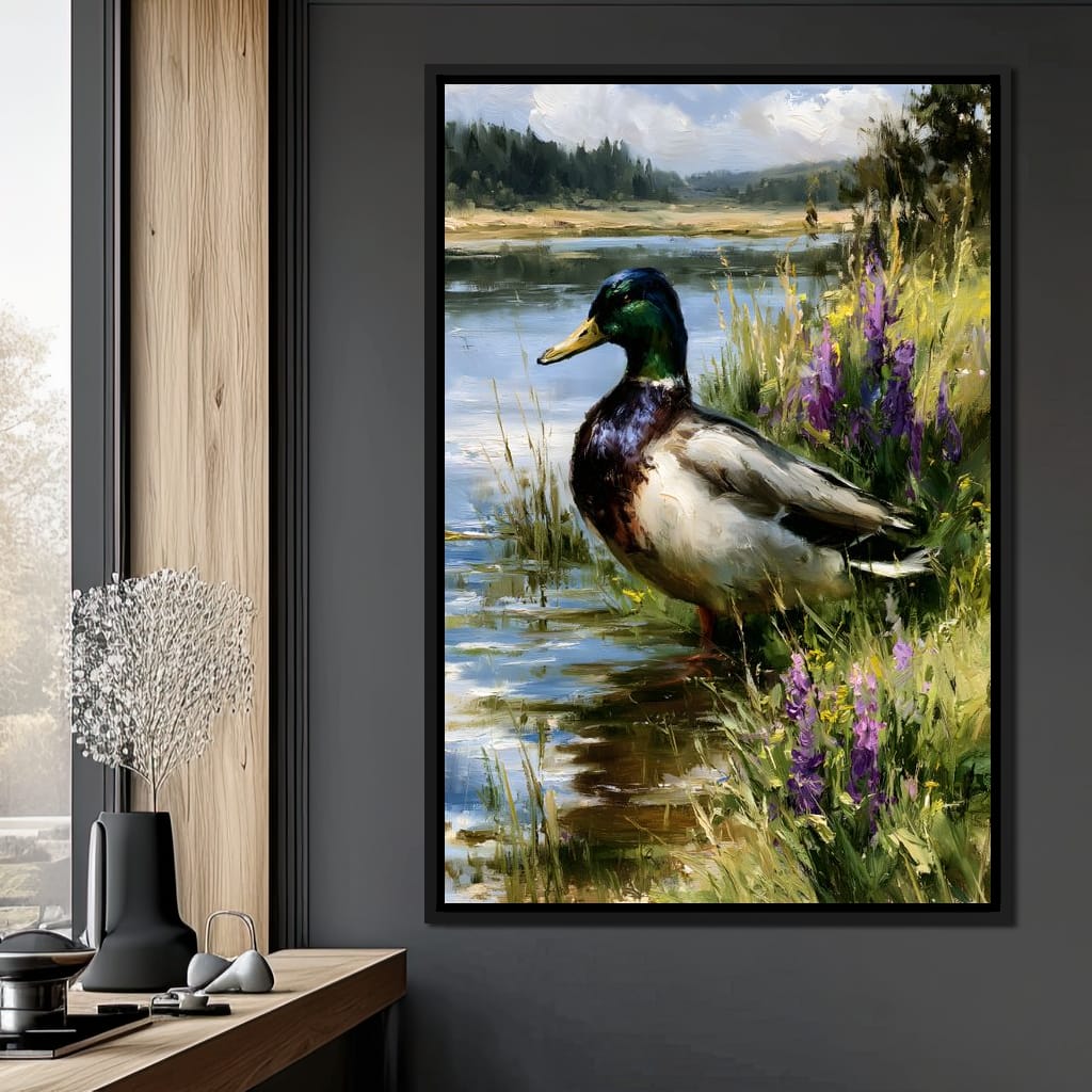 Solitary Mallard By The Still Shore Canvas Wall Art