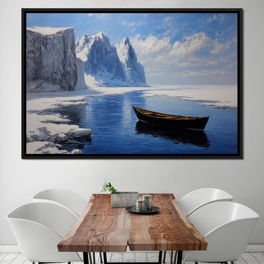 Silent Boat on Frozen Fjord Canvas Wall Art