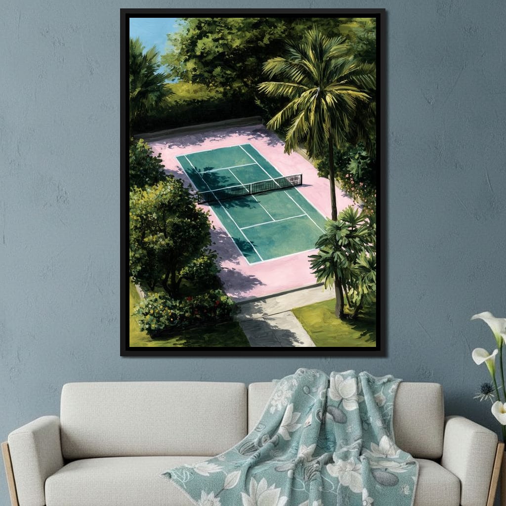 Palm Court Tennis Retreat Scene Canvas Wall Art