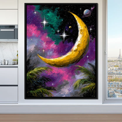Golden Crescent Cosmic Nightscape Canvas Wall Art
