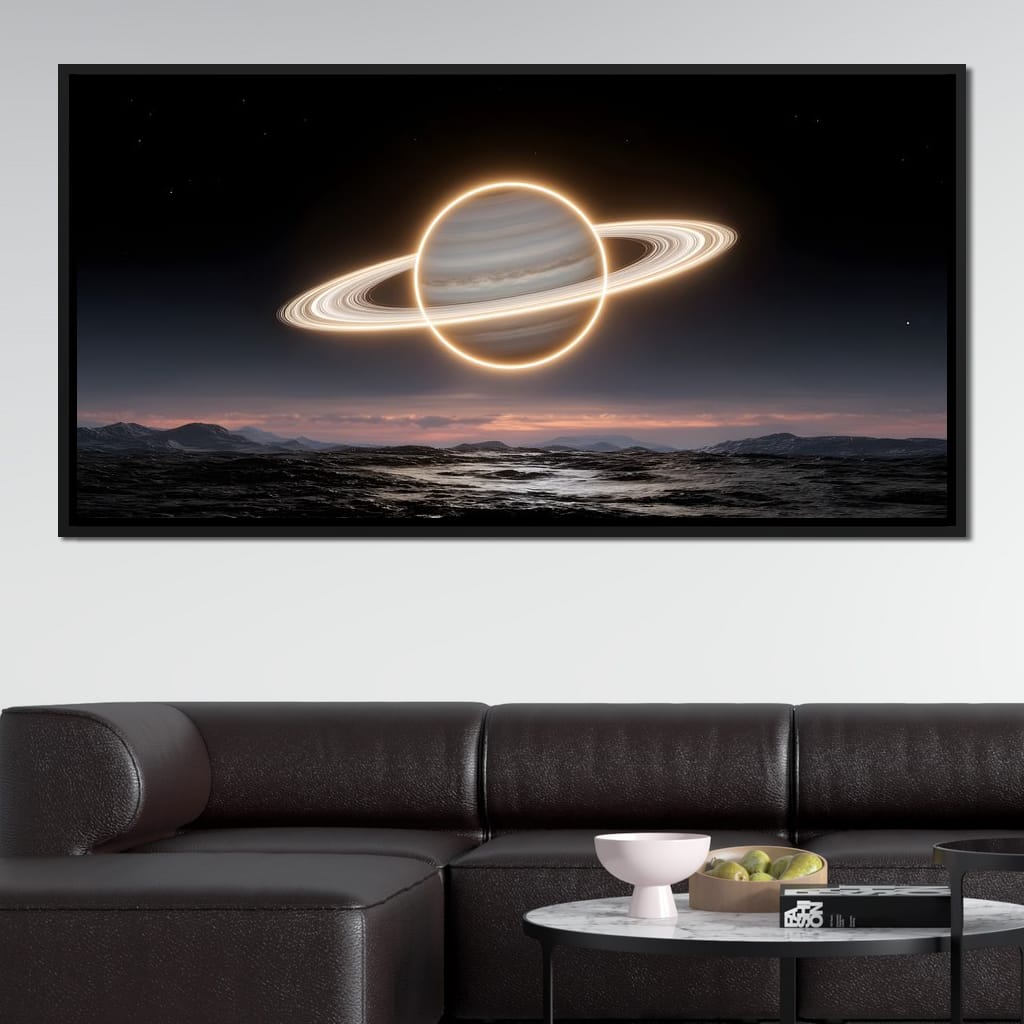 Luminous Saturn Over Alien Sea Canvas Wall Art
