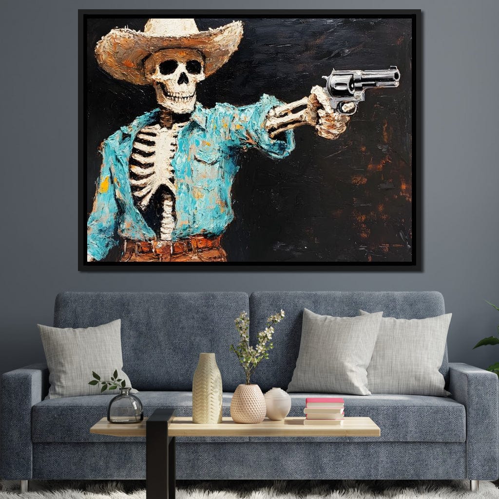Cowboy Skeleton in Denim Canvas Wall Art